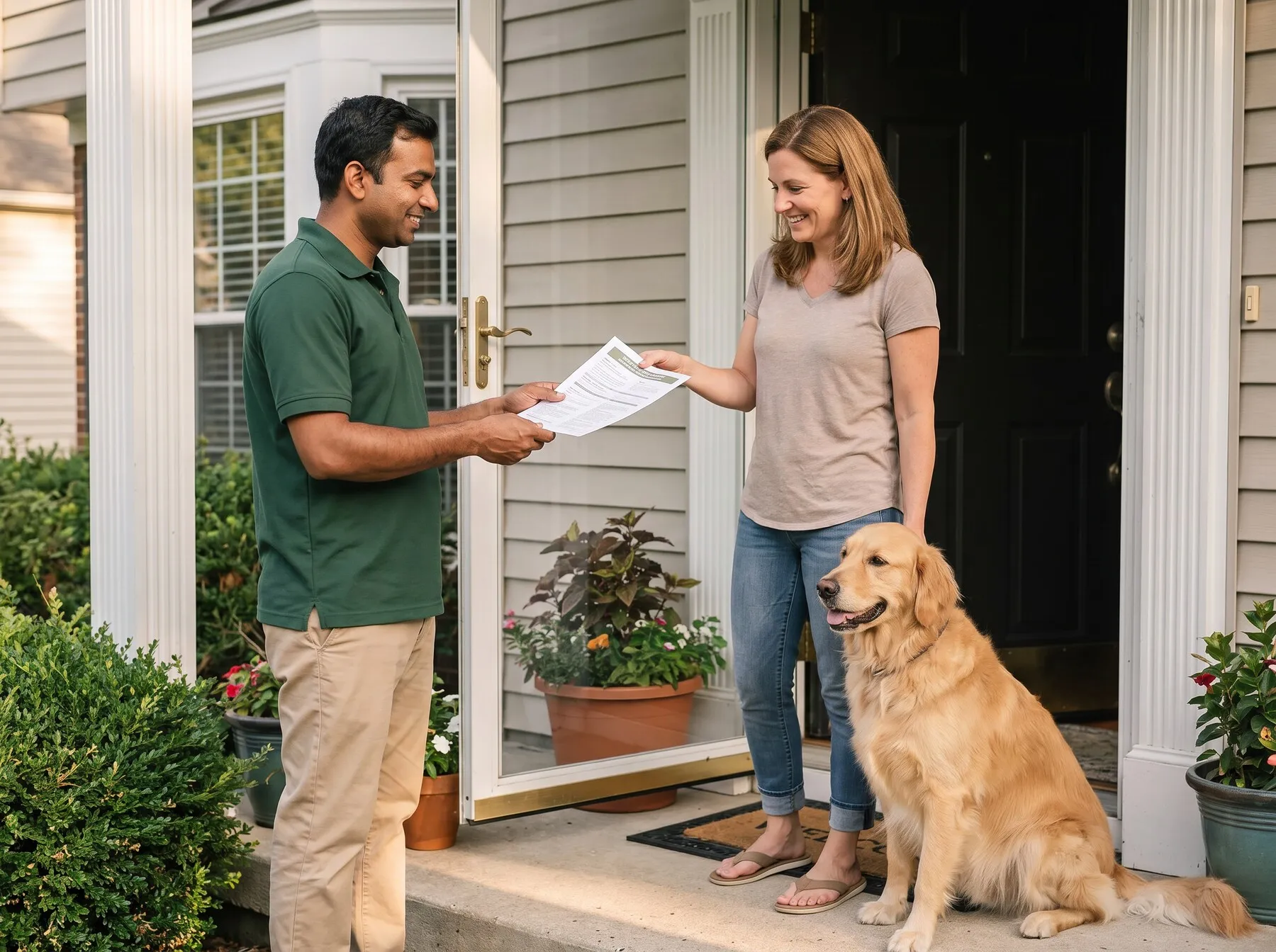 Illustrative photo: A pest control technician at a front door handing a homeowner her service plan.