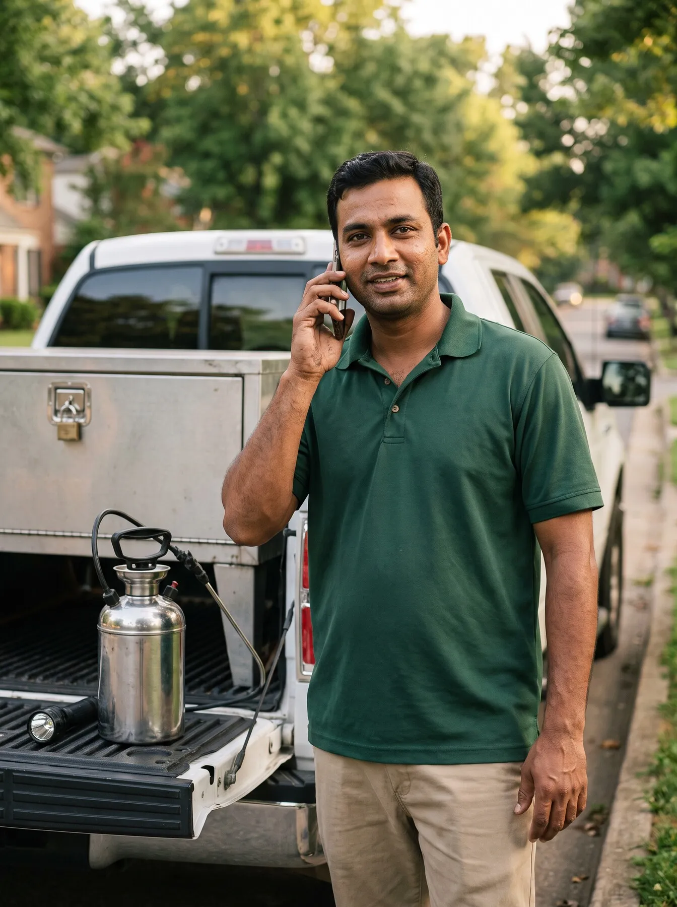 Illustrative photo: A pest control technician beside his truck answering his phone.