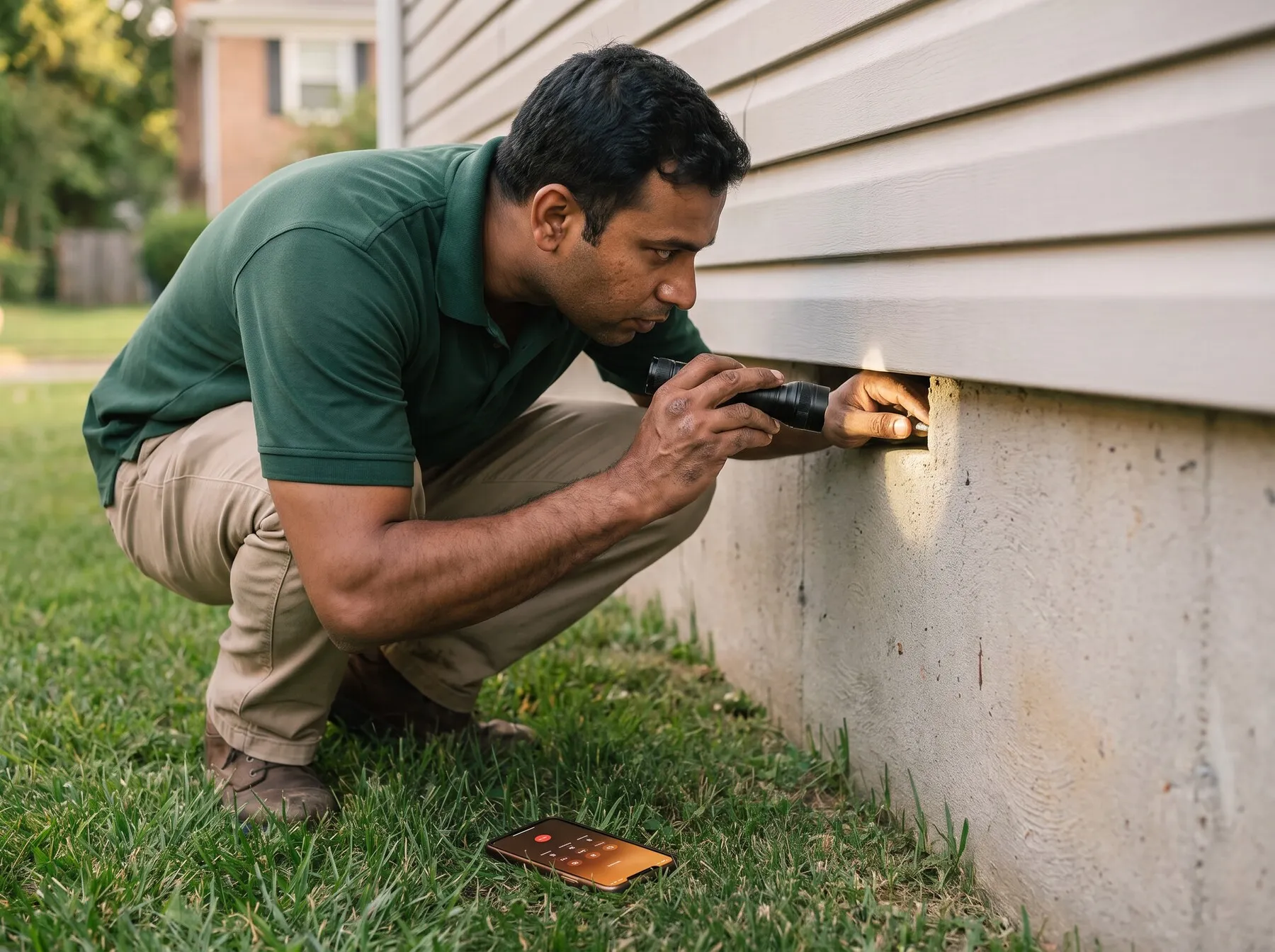 Illustrative photo: A pest control technician checking a home's foundation with a flashlight while his phone lights up on the grass.